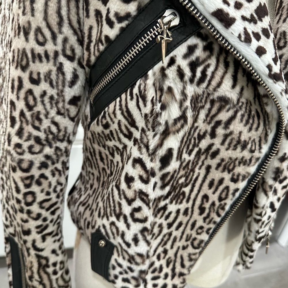 Cesare Paciotti Leopard animal print dagger rabbit fur Moto jacket XS - Picture 7 of 16